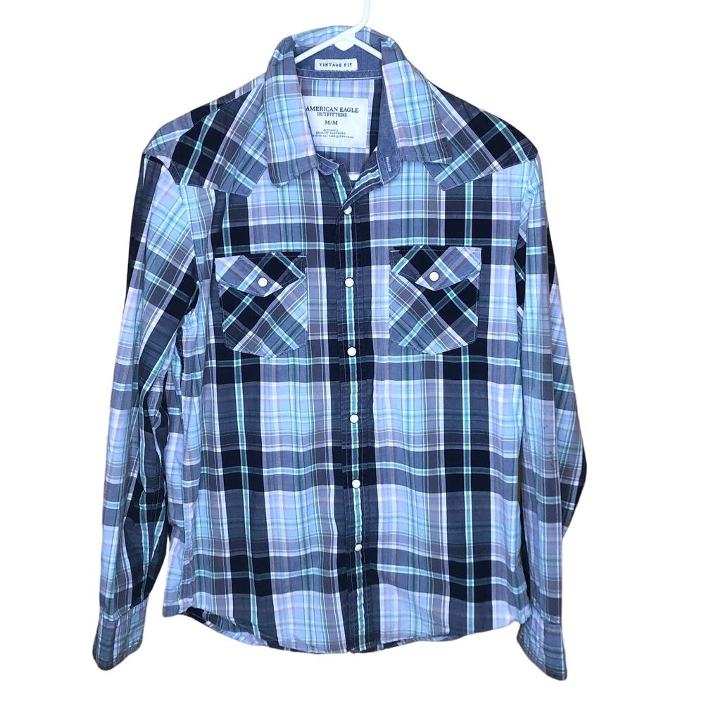 American Eagle Blue Pearl Snap Shirt M